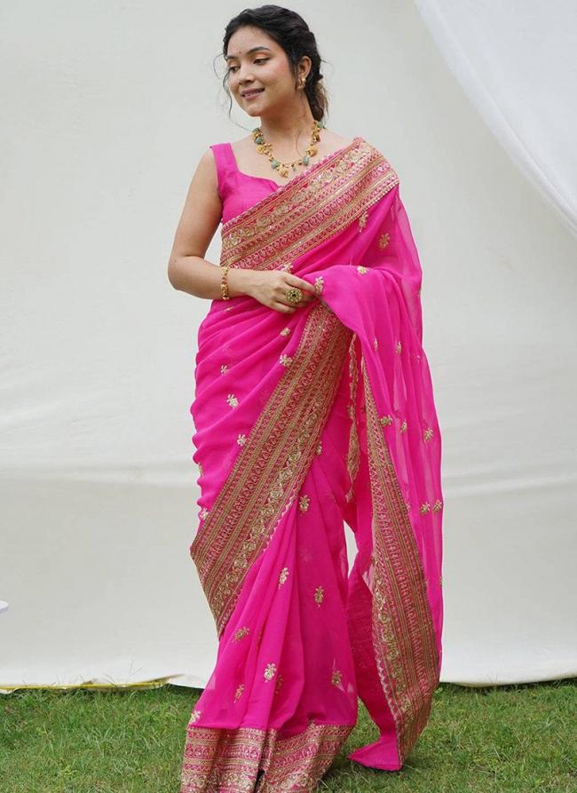 Georgette Rani Pink Wedding Wear Butta Work Saree